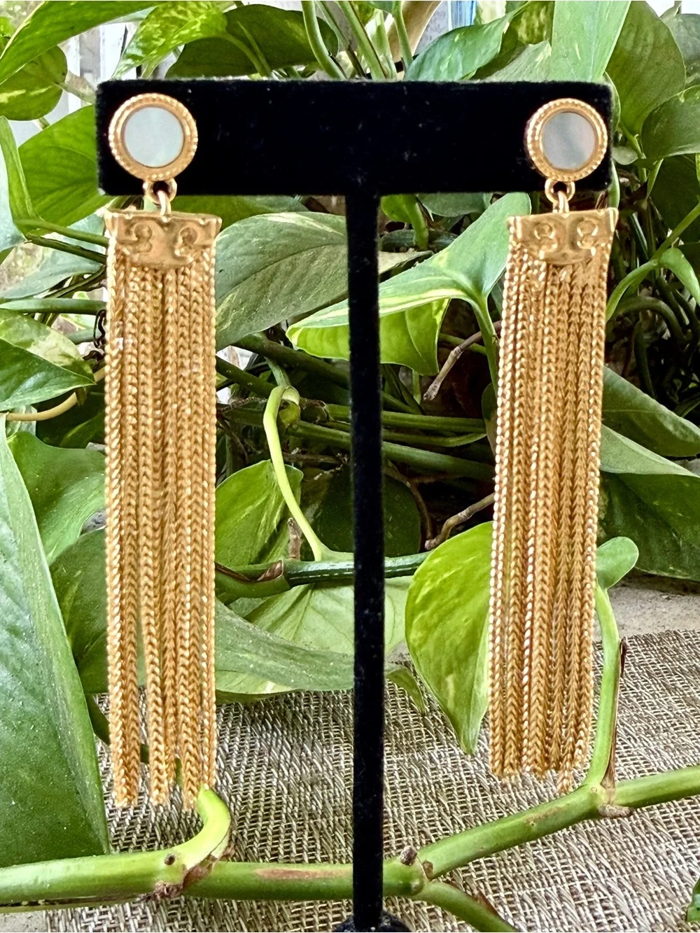 Tory Burch Dramatic Gold ChainTassel Earrings MOP Cabochon Pierced/Post